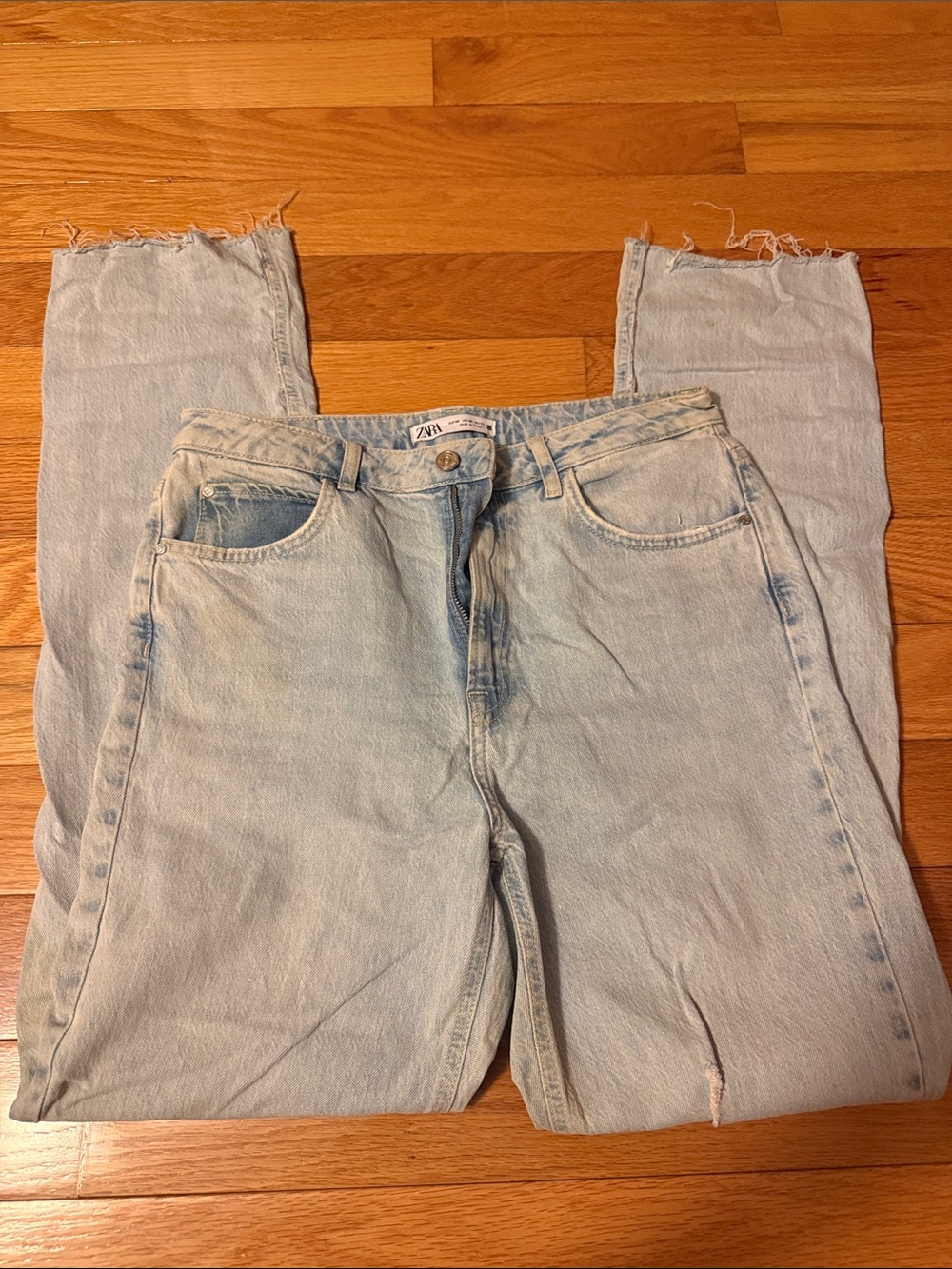 Zara Pale Blue High-Rise Straight Jeans with Raw Hem